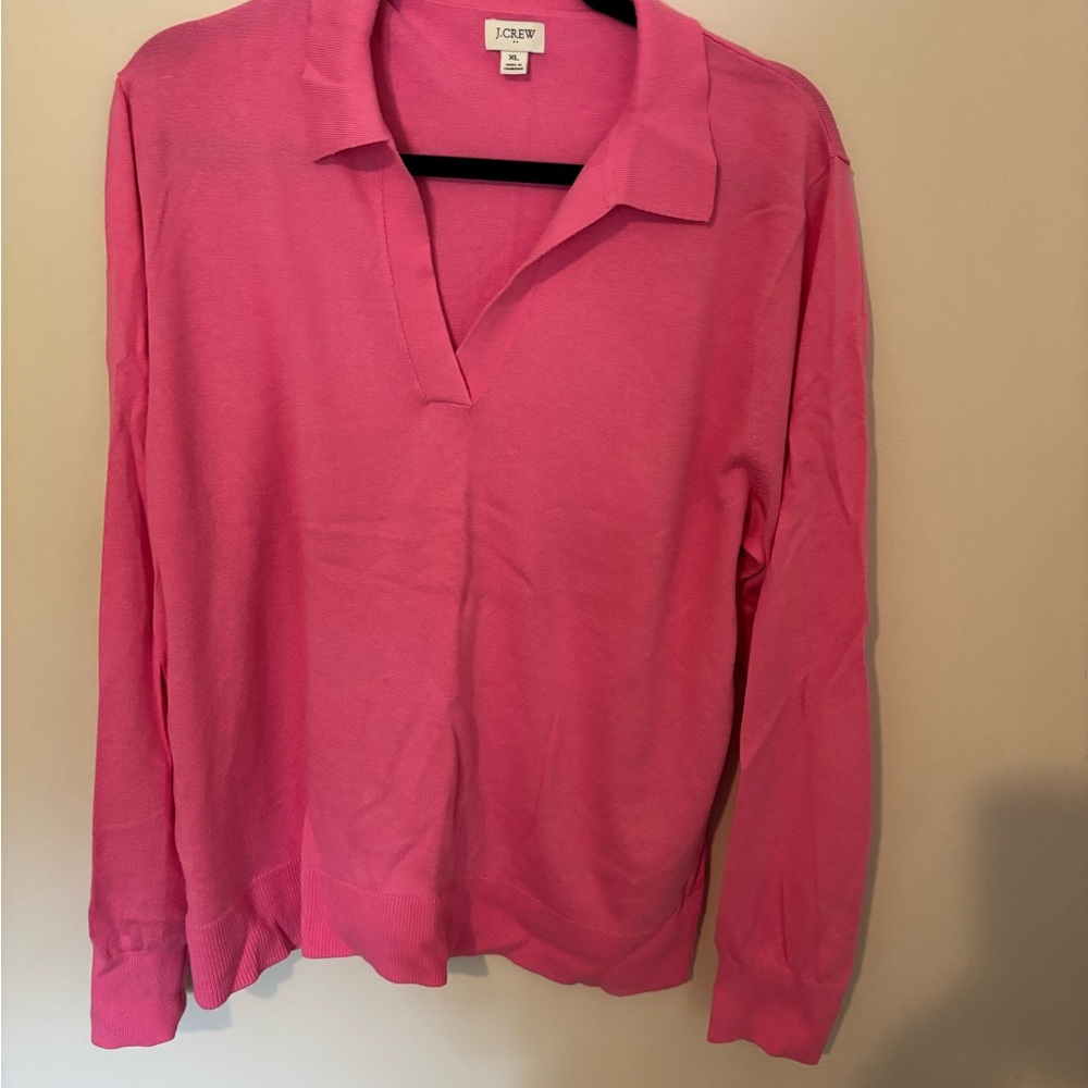 J. Crew Bright Pink V‑Neck Polo Sweater